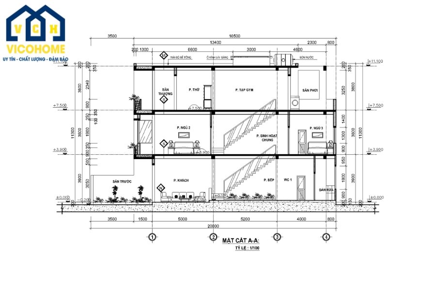 Bản vẽ thiết kế nhà 3 tầng 5x20m tân cổ điển đẹp - 1